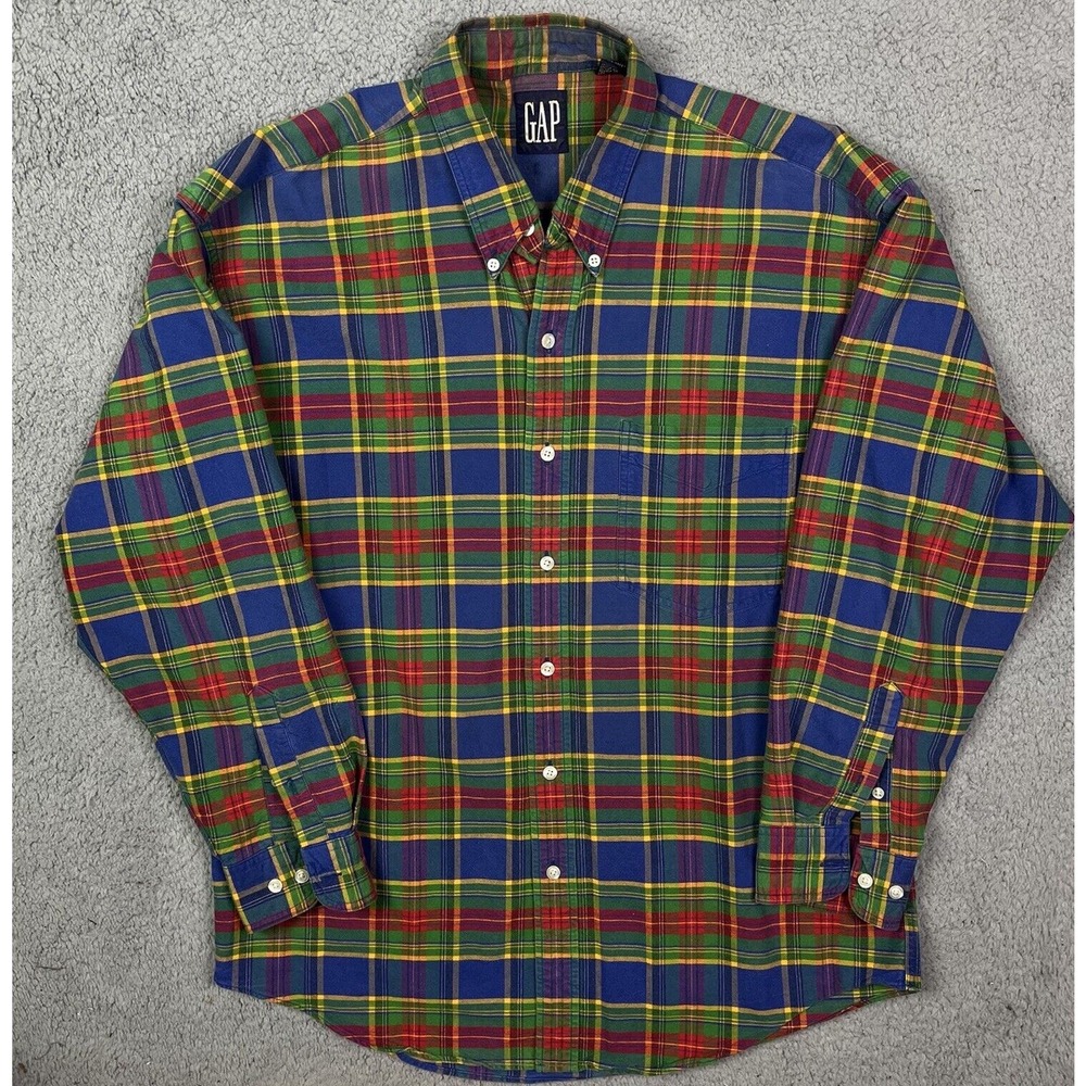 Vintage 90s GAP Colorful Flannel Plaid Button Up‎ Collared Shirt Size L